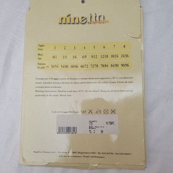 NEW Baby Ninetta Neonato sz 3 month Italy Open Box body shirt one piece MSRP $22 - Picture 4 of 5